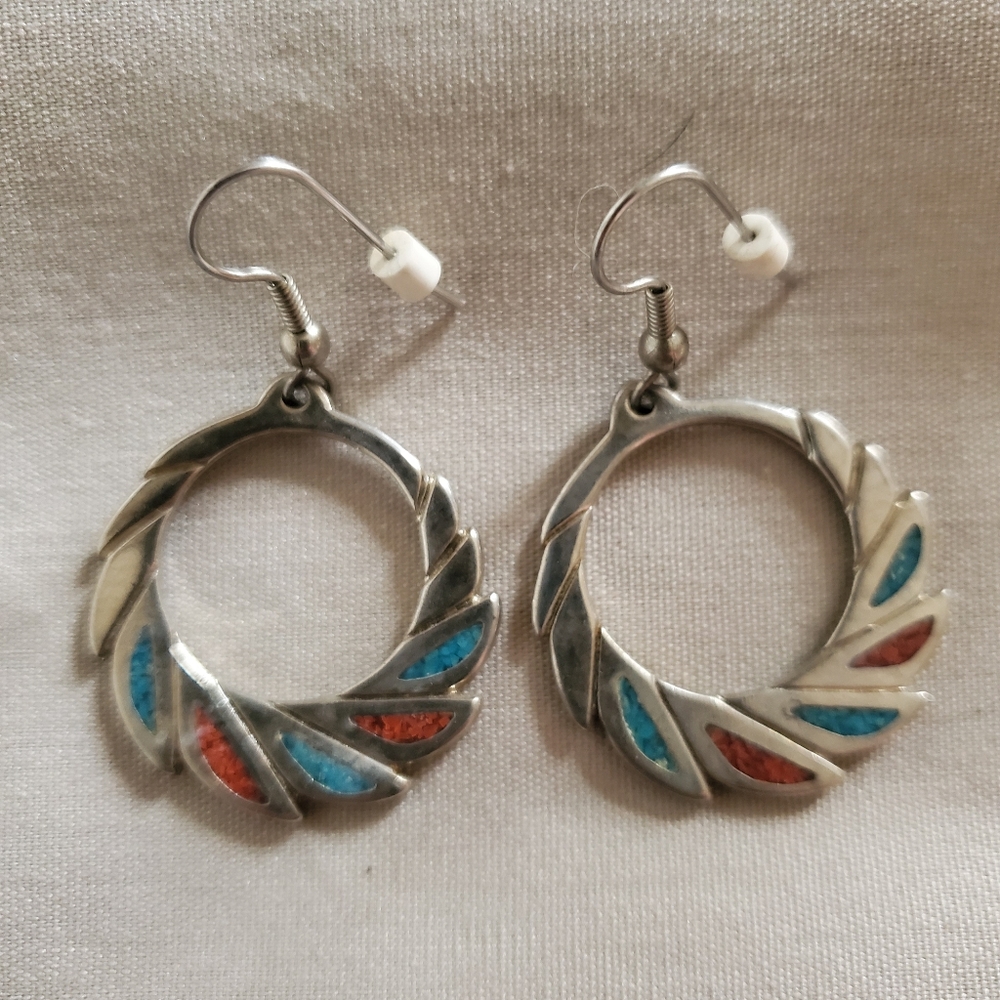 Genuine turquoise dangle earrings with red coral